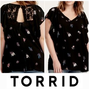 Torrid Flutter Sleeve Lace Open Back Top Floral Black 4X NWOT NEW